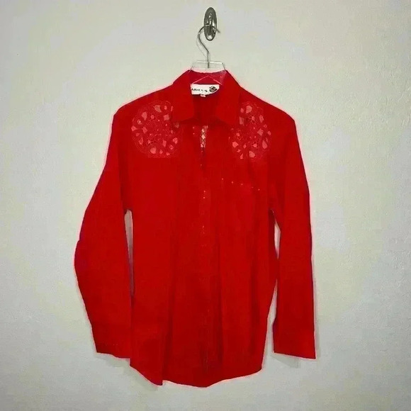 Vintage Ariel's Red Western Long Sleeve Rhinestone Floral Cutout Button Up Small - Picture 1 of 7